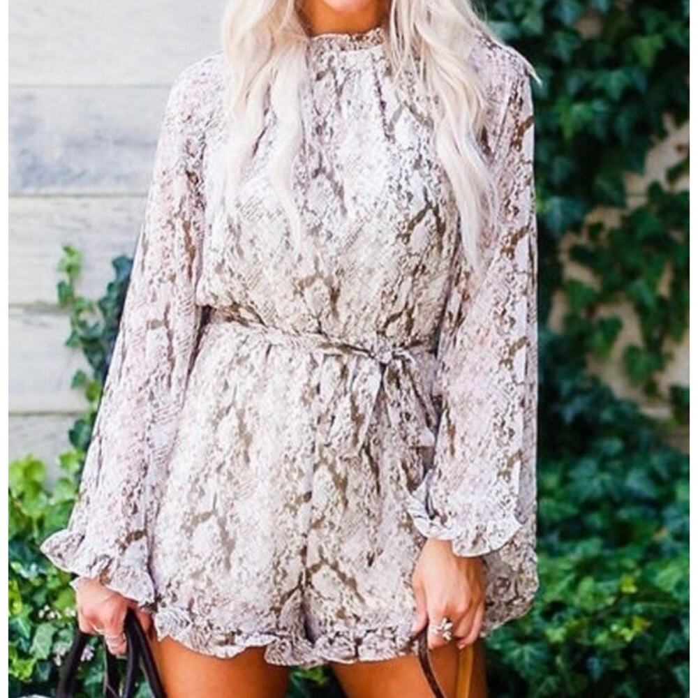 NWT She + Sky Large Snakeskin Long Bell Sleeve Romper with Tie Waist and Ruffles